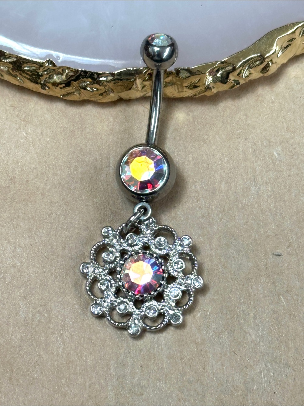 Clear and iridescent AB gem flower dangle belly button ring navel ring